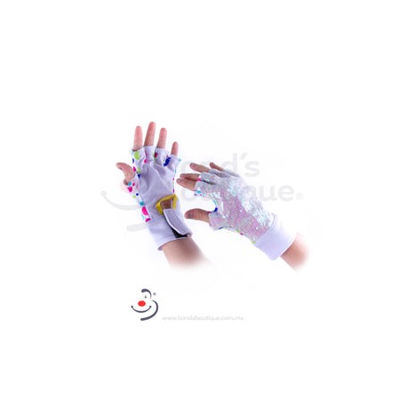 GUANTES BLANCO CON LENTEJUELA Y CIRCULOS DE COLORES